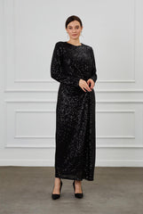 Siyah Payetli Büzgü Detay Tesettür Elbise - AHUNARE
